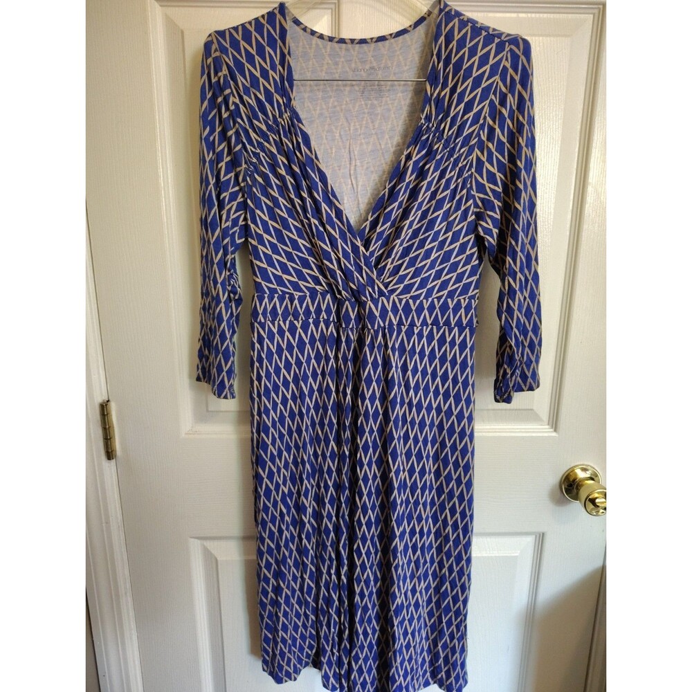 Liz Lange Maternity for Target Women's M Blue Beige Geo Wrap V-Neck 3/4 Knee